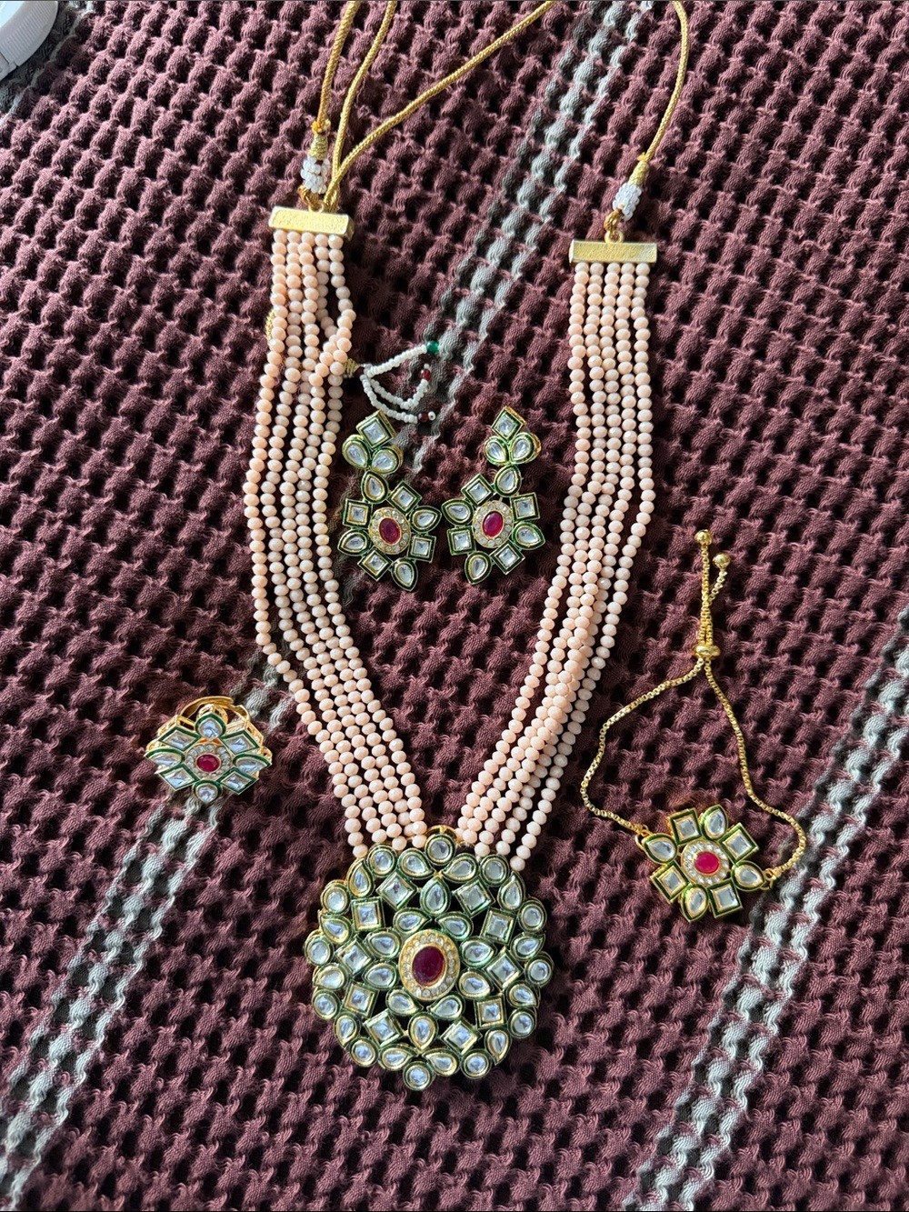Traditional Pink Bead Kundan Necklace Set with Gold Accents